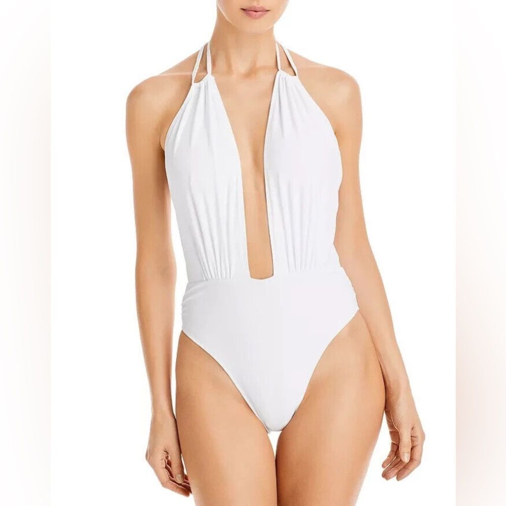 NEW Ramy Brook Annka Plunging One Piece Swimsuit White Halter One-Piece Size L
